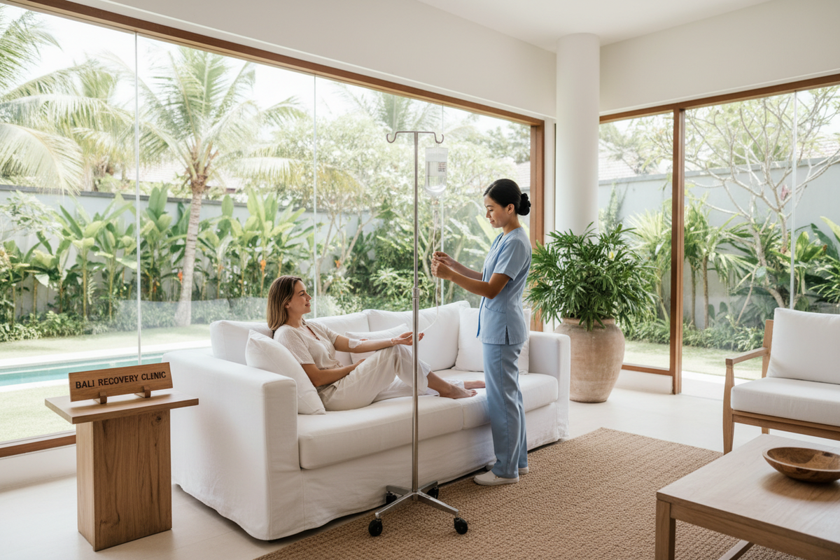 Nurse administering an IV drip treatment to a patient relaxing on a white sofa in a Bali clinic.