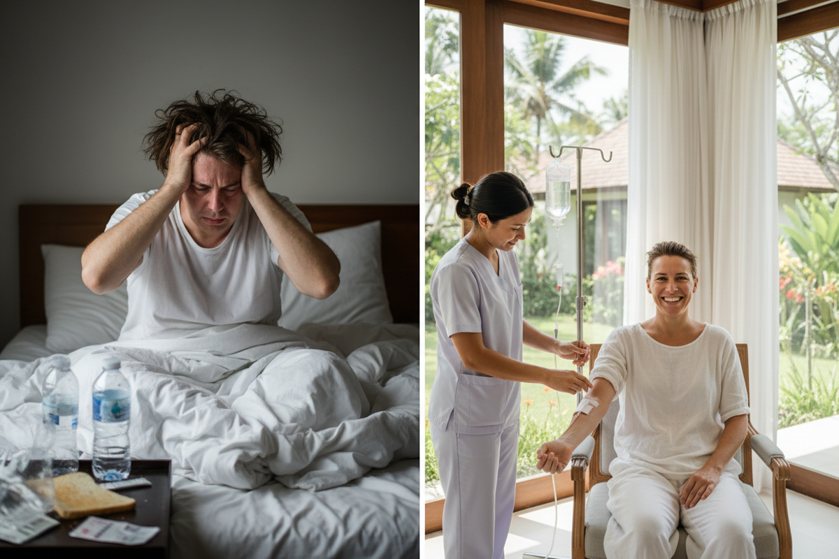 Split screen showing a sick man in bed and a woman receiving a mobile IV drip therapy.